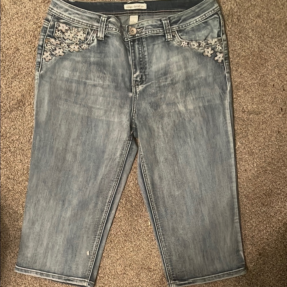 Avenue Blue Ankle Cropped Jeans with Distressed Finish